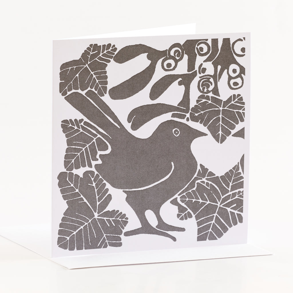 Grey bird and ivy linocut Christmas card by Louise Slater
