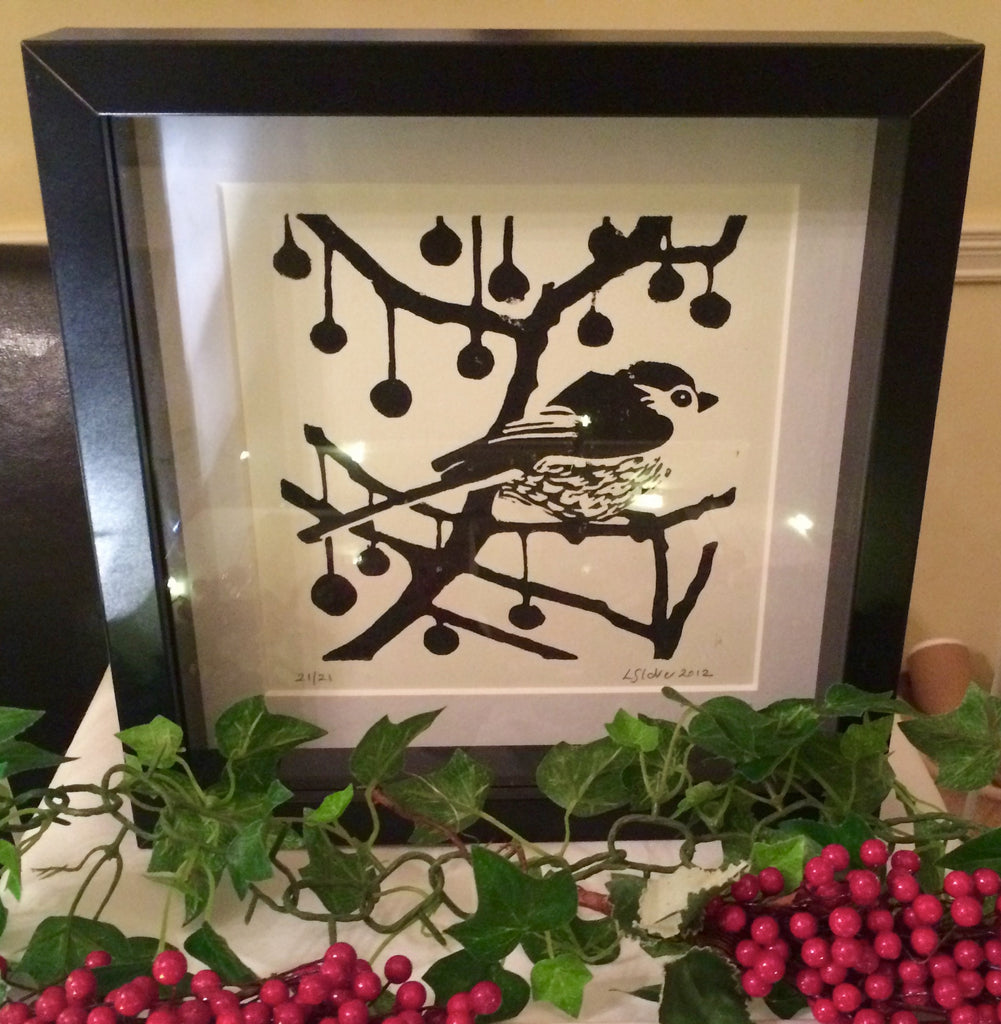 Long tail bird lino print black & white