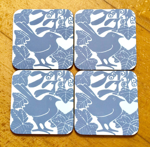 Grey Bird & Mistletoe Coasters - Pk of 4