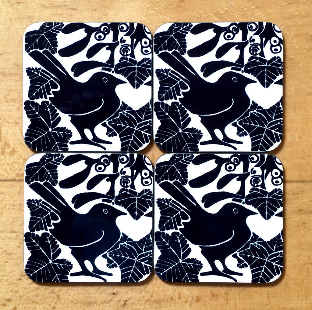 Black & white bird & mistletoe coasters