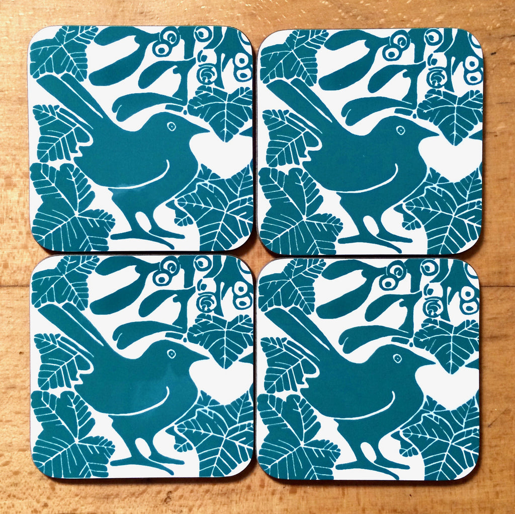 Green Bird & Mistletoe Coasters