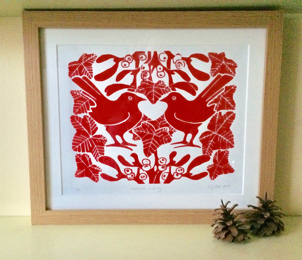Red Mistletoe & Ivy Lino Print by Louise Slater