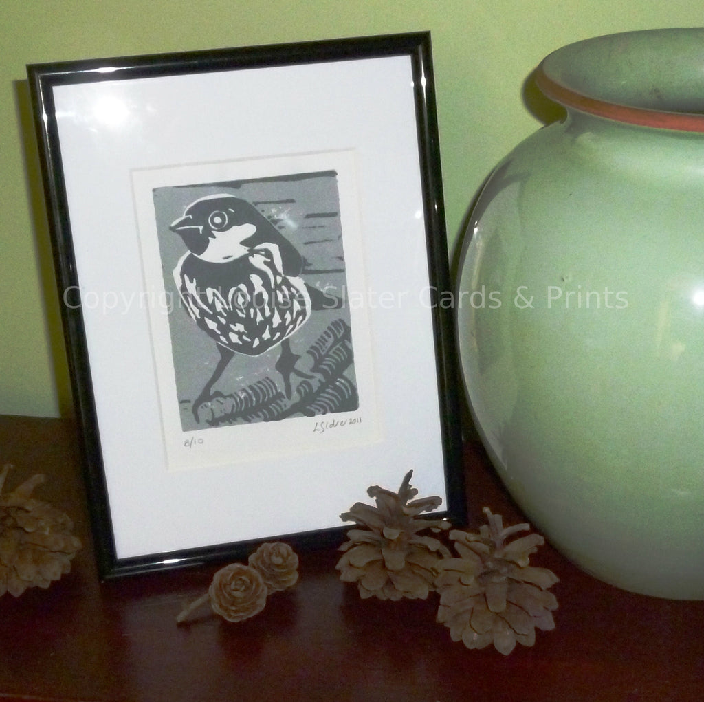 Grey sparrow lino print