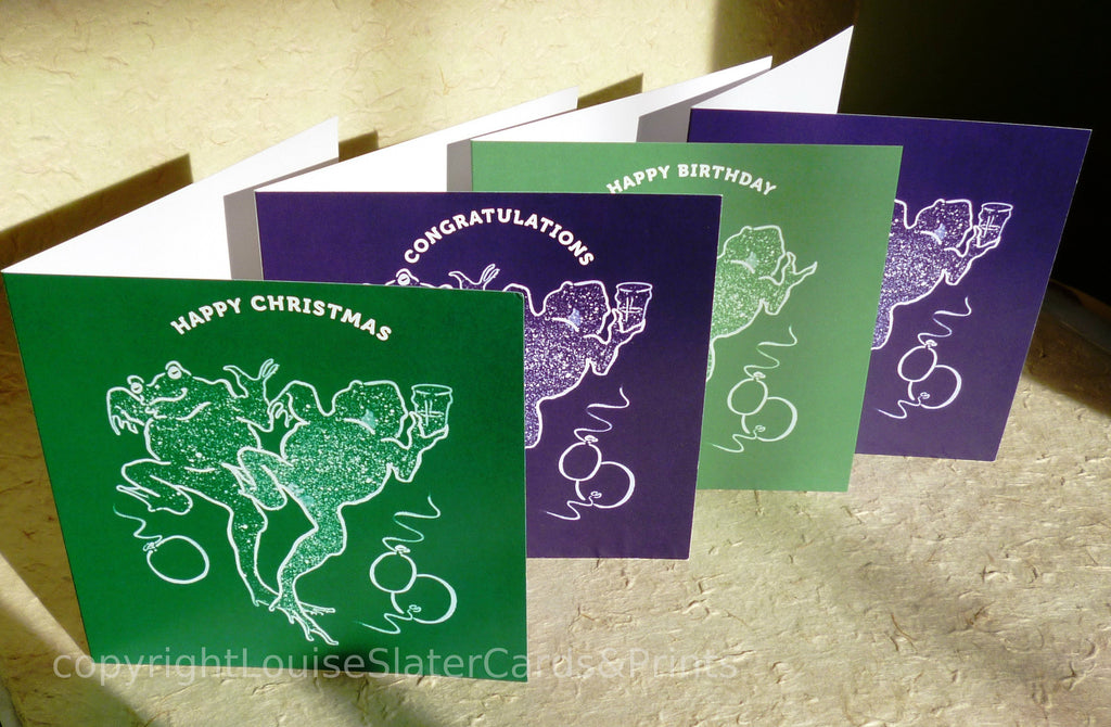 Dancing Frogs square cards pack of 4, 2 green, 2 purple