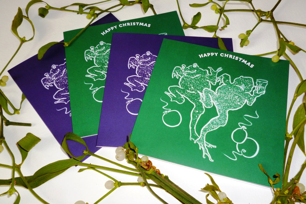 Dancing frogs greeting cards purple and green pack of 4