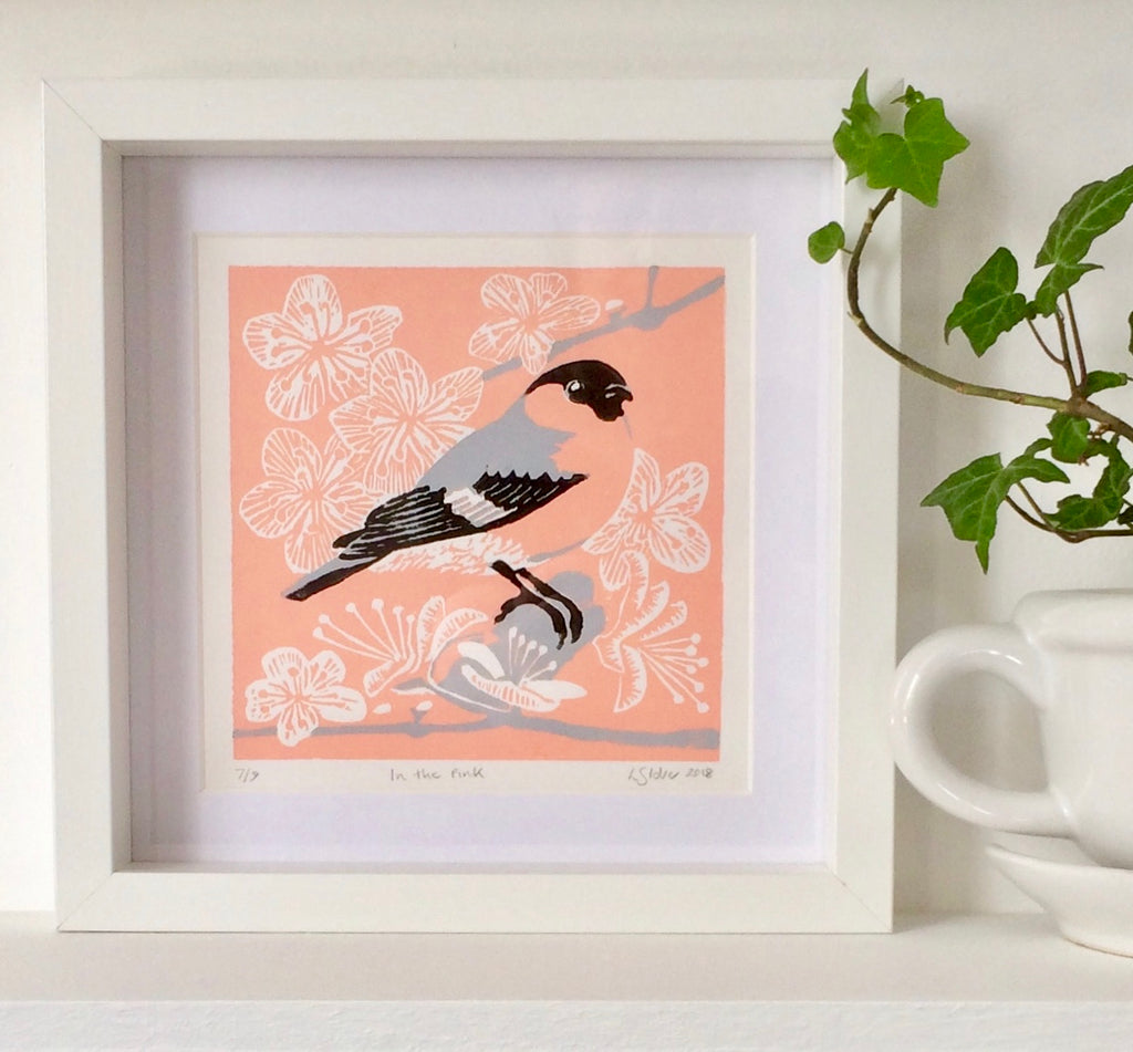 Pink Bullfinch Linocut Print Louise Slater