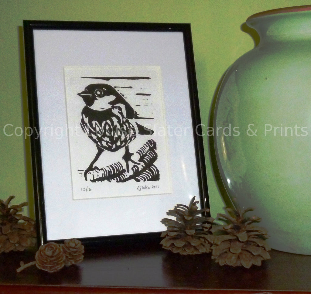 Black and white sparrow lino print