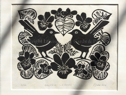 Blackbirds & Violets Lino Print