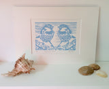 Blue Sparrows Linocut Print by Louise Slater