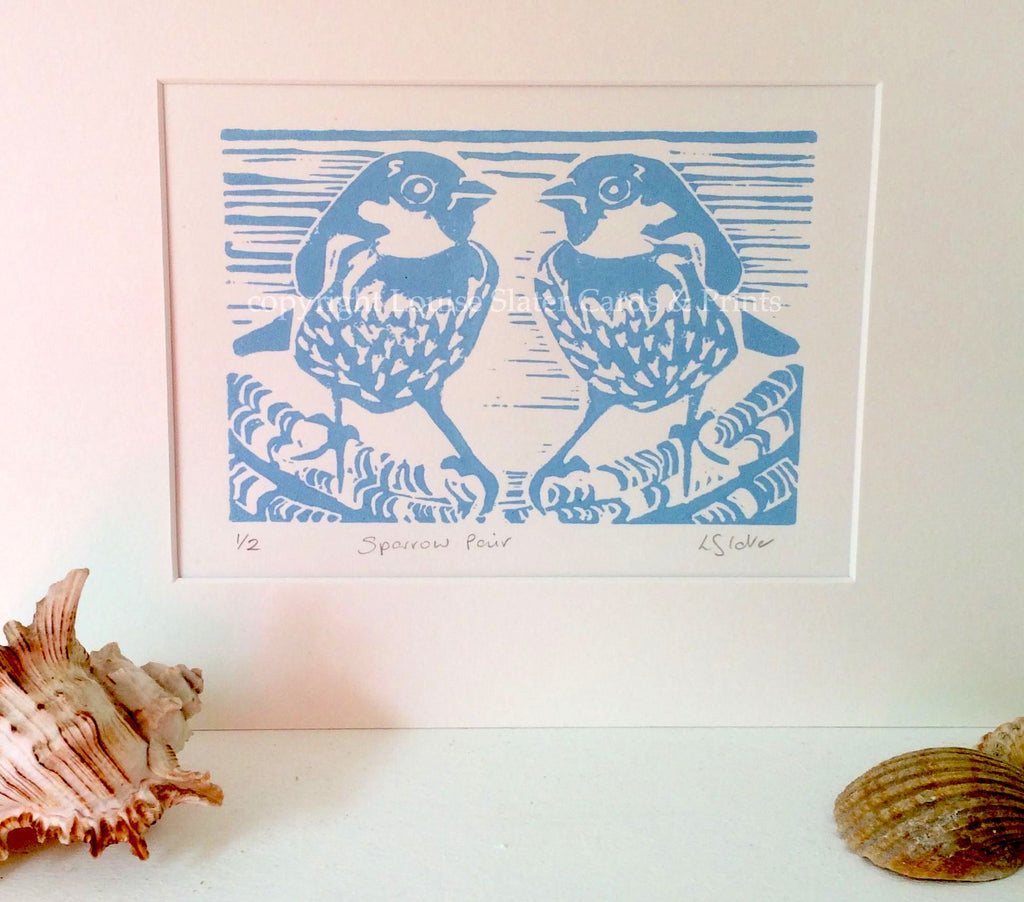 Blue Sparrows linocut print by Louise Slater