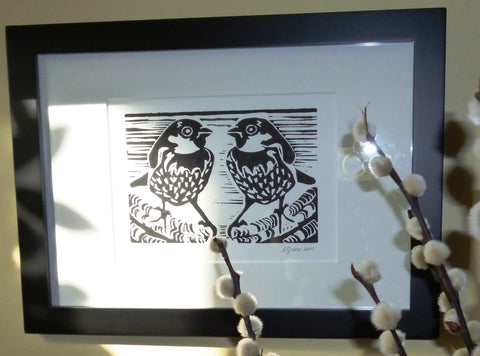 Sparrow Pair Lino Print