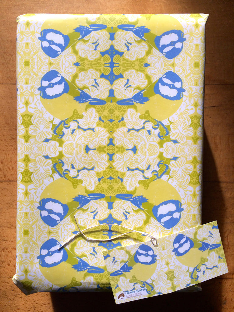 Blue tit gift wrap paper and tag