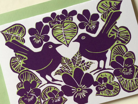 Purple & Green Lovebirds & Violets Card