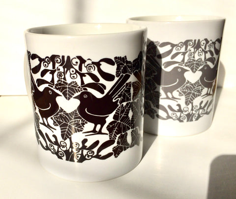 Blackbirds & Mistletoe Ceramic Mug - B & W