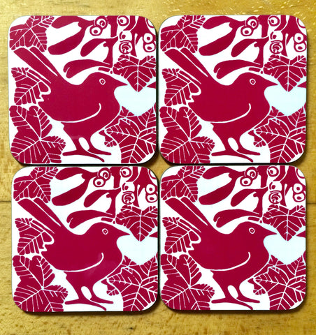 Red Bird & Mistletoe Coasters - Pk of 4