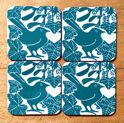 Green Bird & Mistletoe Coasters - Pk of 4