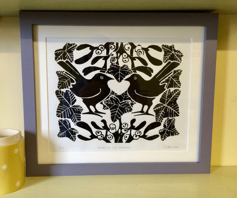 Blackbirds and Mistletoe Lino print