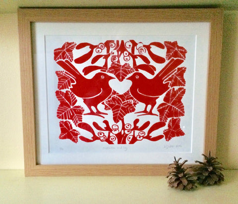 Red Mistletoe & Ivy Lino Print
