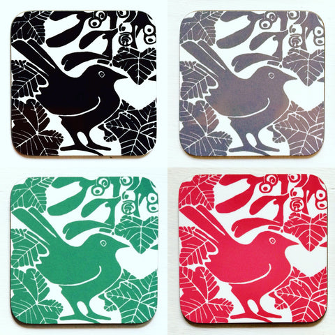 Multi Colour Bird & Mistletoe Coasters Pk of 4