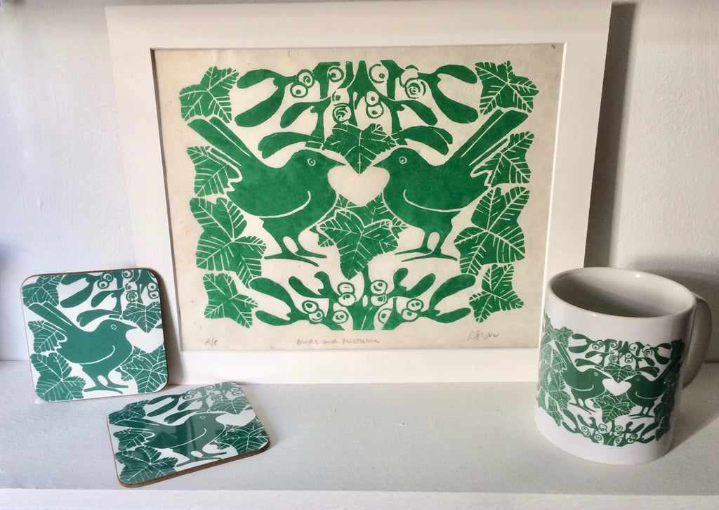 Green Birds & Mistletoe Linocut Print