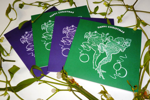 Christmas Purple & Green Frog Cards Pack of 4