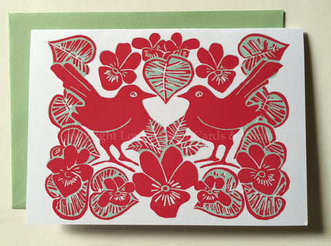 Red Love Birds & Violets Card