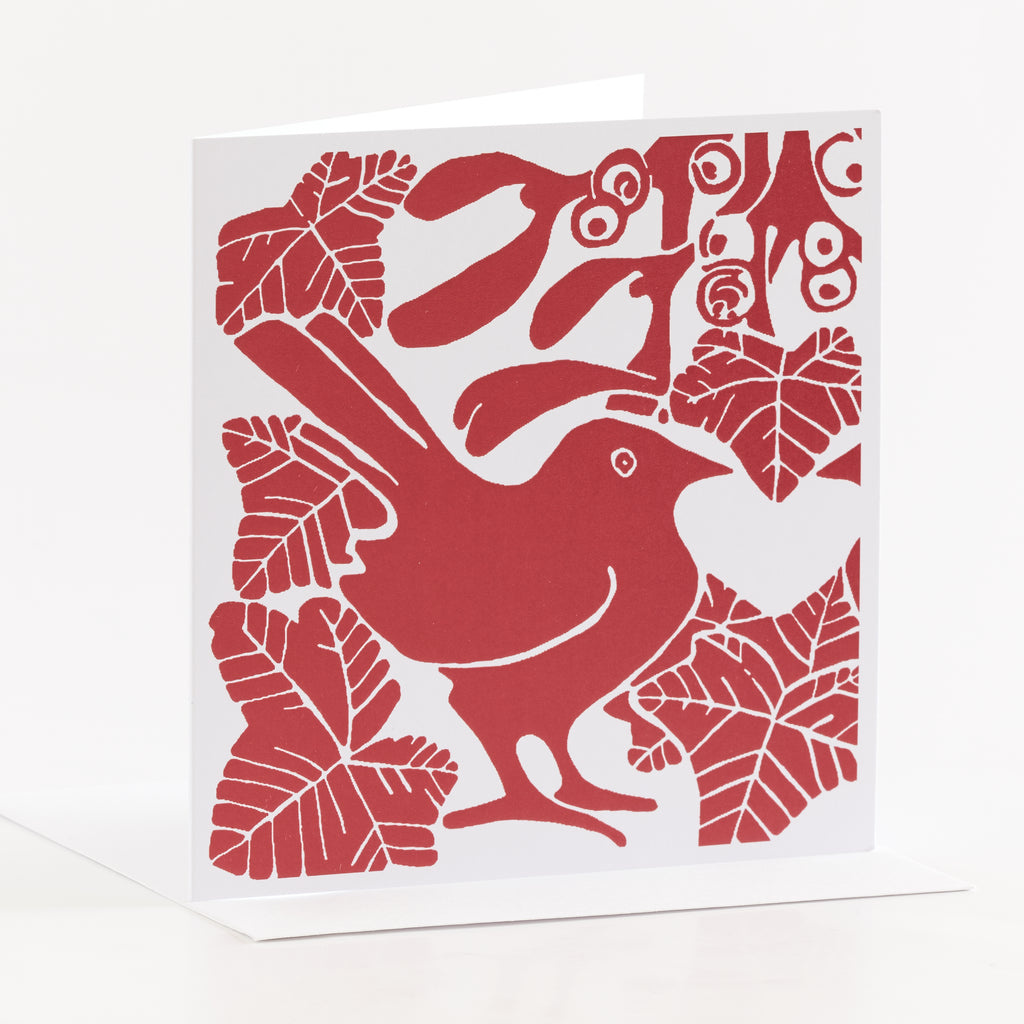 Square red bird Christmas card by Louise Slater