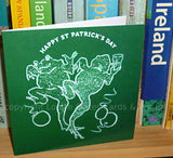 St Patricks Day card dancing frogs green