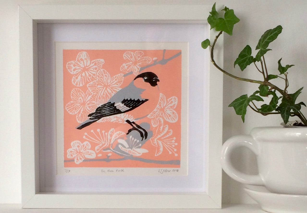 Pink Bullfinch linocut print